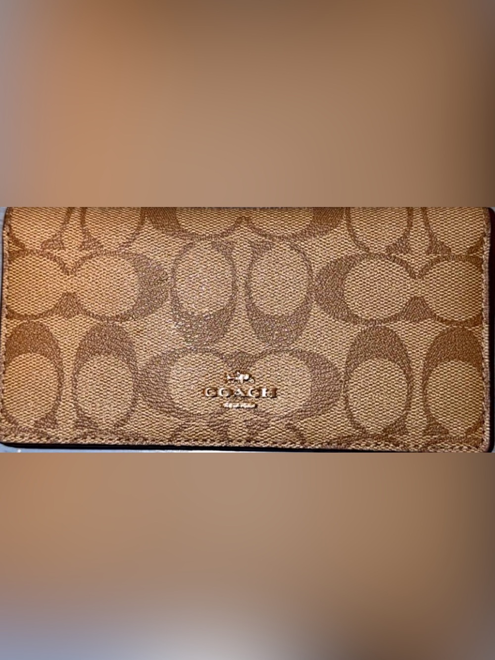 Coach Tan Signature Monogram Wallet with Gold Logo